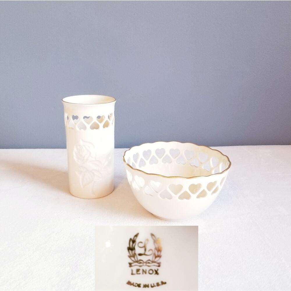 Vase Bowl Vtg LENOX 24kt Gold Trim Heart Lace Candy Dish Flower Decor